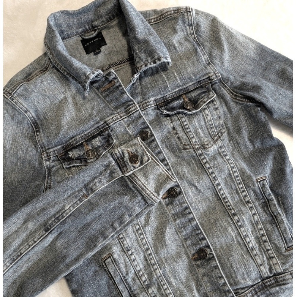 JUSTUSA Jean Jacket Women Small Blue SF578 Distressed Stretch Denim Trucker